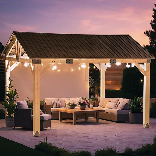 CHARMELEON 12x14 Cedar Wood Gazebo,Heavy Duty Patio Gazebo with Metal Gable Roof,Permanent Hardtop Gazebos Pavilion for Backyard,Outdoor,Deck,Garden,Porch