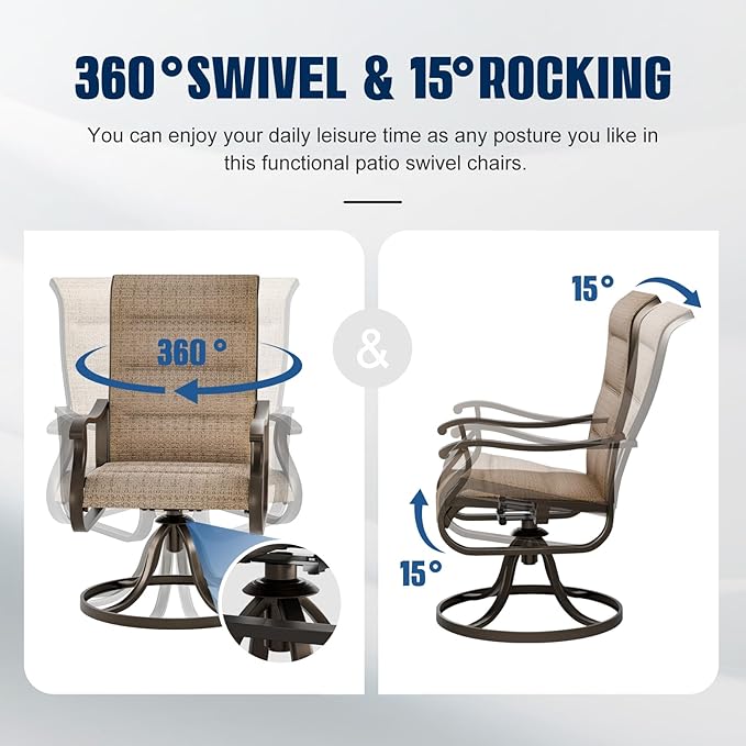 UDPATIO Patio Swivel Dining Chairs Set of 8, Outdoor Swivel Chairs High Back with All Weather Padded Textilene, Metal Rocking Frame for Lawn Garden Backyard, Brown
