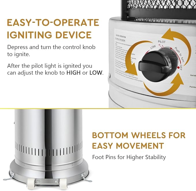 COSTWAY Outdoor Propane Patio Heater, 40,000 BTU Propane Heater with Dancing Flame, Portable Wheels, Stainless Steel Pyramid Floor-Standing Outdoor Heater for Balcony Backyard Garden, Silver