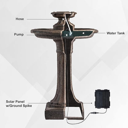 XBrand 28" Solar-Powered Outdoor Birdbath Fountain – Large Brown Resin Water Fountain with Solar Panel for Lawn and Garden Decor