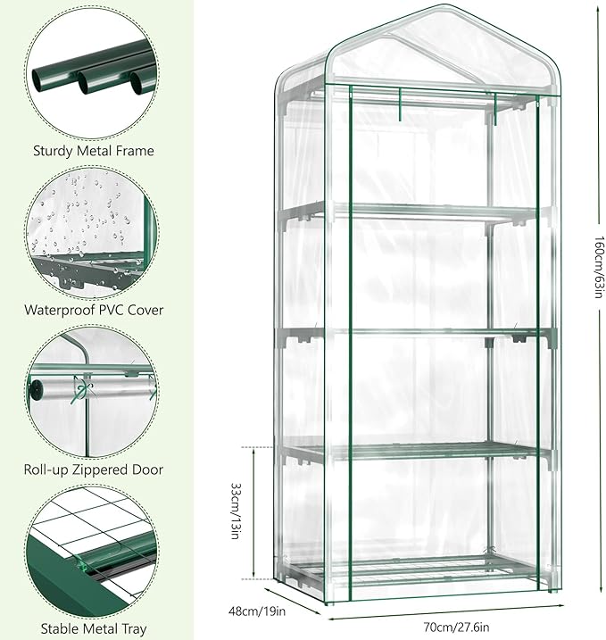 Indoor Greenhouse with Grow Light, 4-Tier 27.6"x19"x63" Mini Greenhouse with Roll-Up Zippered PVC Cover for Seed Starting Trays, Dimmable Grow Light Shelf for Indoor Plants with Timer