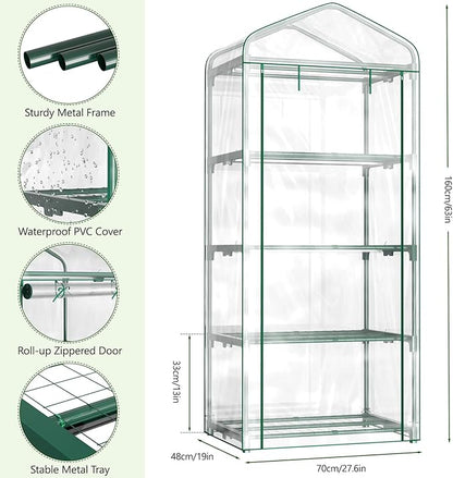 Indoor Greenhouse with Grow Light, 4-Tier 27.6"x19"x63" Mini Greenhouse with Roll-Up Zippered PVC Cover for Seed Starting Trays, Dimmable Grow Light Shelf for Indoor Plants with Timer
