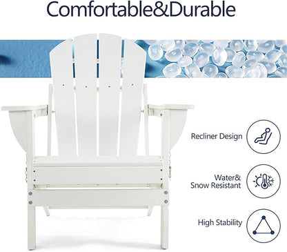 Folding Adirondack Chair, HDPE Outdoor Texture Lawn Chair with Reclining Back, Cup and Phone Holder - Comfortable Firepit Chair Weather Resistant for Patio or Backyard (White, Set of 2)