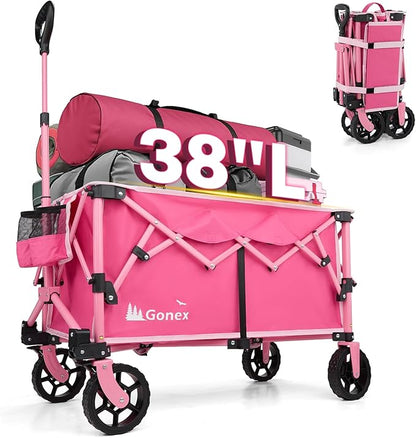 Gonex 38''L Collapsible Foldable Wagon Cart with 360lbs Weight Capacity, 220L Folding Utility Garden Cart with Detachable Wheels for Grocery Sports Shopping Camping - Pink