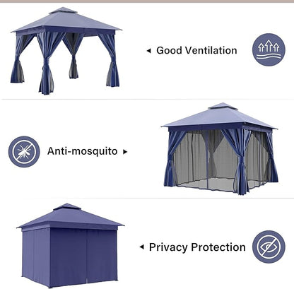 LAUSAINT HOME Outdoor Patio Gazebo 10'x10' with Expansion Bolts, Heavy Duty Gazebos Shelter Party Tent with Double Roofs, Mosquito Nettings and Privacy Screens for Backyard, Garden, Lawn, Navy Blue