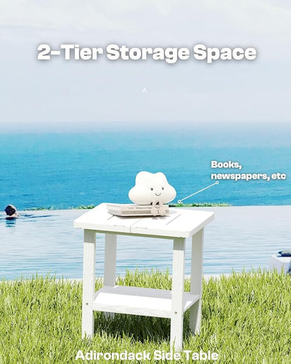 Kingdura Adirondack Outdoor Side Table, 16 x 13 Inches HDPE Plastic Outside End Tables for Patio Pool Porch Backyard Indoor, 2 Tiers Storage Shelf, All Weather Resistant, Easy Maintenance (White)