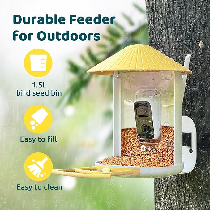 NETVUE by Birdfy Smart Bird Feeder with Camera, Bird Watching Camera, Auto Capture Video&Motion Detection, 1080P Live Steam, Cardinal Feeder Outdoor Wireless, Ideal Present for Backyard Birder, Yellow