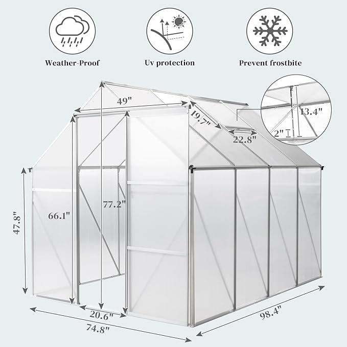 VINGLI 8x6 FT Greenhouse for Outdoors, Aluminum Large Polycarbonate Greenhouse with 5 Roof Vents for Outside Garden Backyard, Easy Setup, Silver