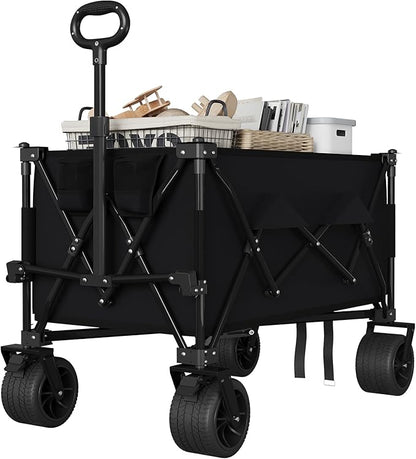 35" Foldable Wagon for Beach with 350lbs Weight Capacity, Heavy Duty 280L Extra Large Collapsible Foldable Wagon for Camping, All Terrain Beach Wagons Extended with Cup Holders for Sand