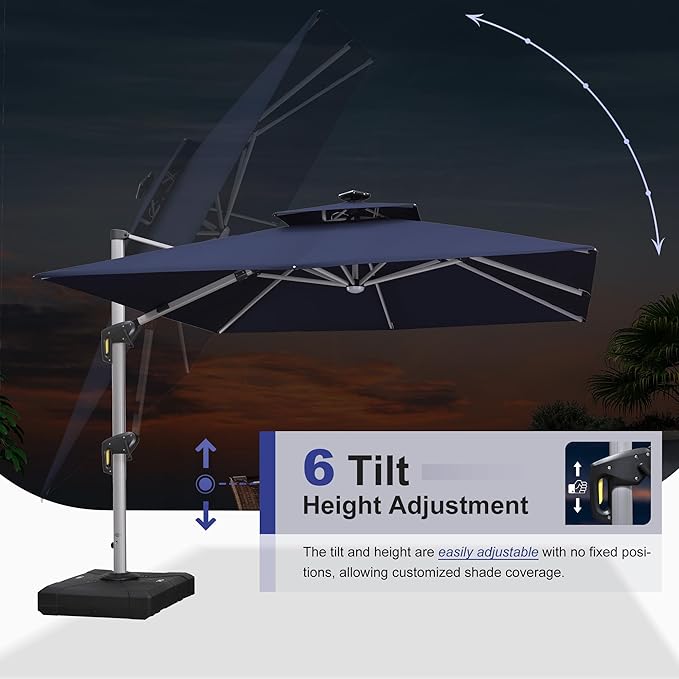 PURPLE LEAF 10 Feet Double Top Deluxe Solar Powered LED Square Patio Umbrella Offset Hanging Umbrella Outdoor Market Umbrella Garden Umbrella, Navy Blue