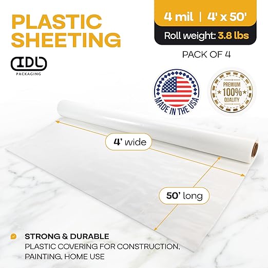 Plastic Sheeting 4 mil, 4' x 50' (200 sq.ft.), Pack of 4 - Thick Semi-Clear Plastic Sheeting for Construction, Painting, Drop Cloth, Slide&Slip - Heavy Duty LDPE Film Roll by IDL Packaging