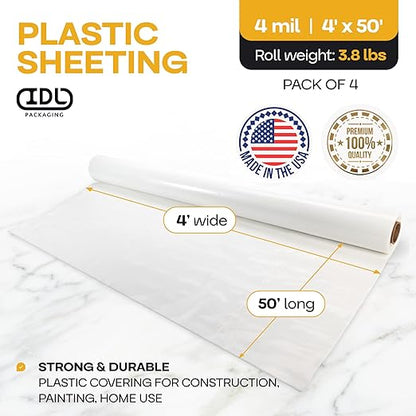 Plastic Sheeting 4 mil, 4' x 50' (200 sq.ft.), Pack of 4 - Thick Semi-Clear Plastic Sheeting for Construction, Painting, Drop Cloth, Slide&Slip - Heavy Duty LDPE Film Roll by IDL Packaging