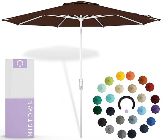 Midtown Umbrellas The Swilt 8 Feet Patio Umbrella in Sunbrella Bay Brown Acrylic Fabric - Fiberglass Ribs, Auto-Tilt Aluminum Frame For Backyard, Deck, Garden, Pool - White Pole