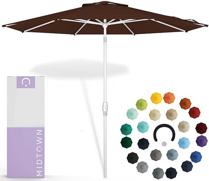 Midtown Umbrellas The Swilt 9 Feet Patio Umbrella in Sunbrella Bay Brown Acrylic Fabric - Fiberglass Ribs, Auto-Tilt Aluminum Frame For Backyard, Deck, Garden, Pool - White Pole