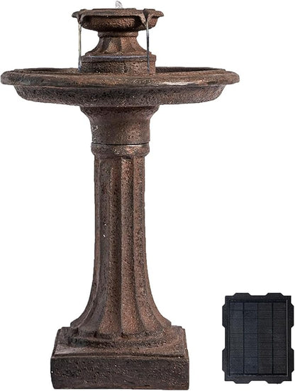 XBrand 28" Solar-Powered Outdoor Birdbath Fountain – Large Brown Resin Water Fountain with Solar Panel for Lawn and Garden Decor