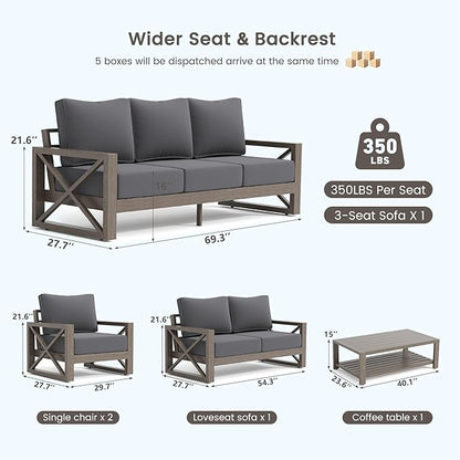 UDPATIO 5 Piece Aluminum Patio Furniture Set Faux Wood Grain Modern Outdoor Furniture Set with 6" Olefin Fabric Cushions and Coffee Table, 600D Waterproof Cover Included, Dark Grey