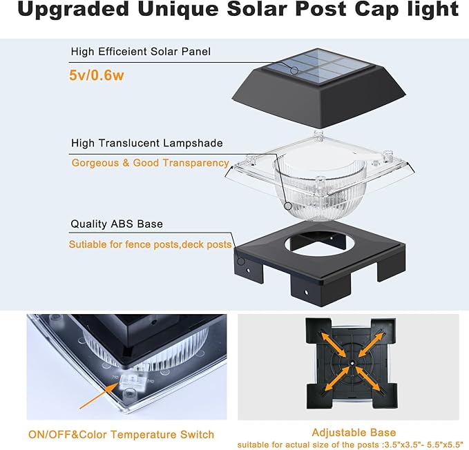 INDARUN 4x4 Solar Post Cap Lights Outdoor Waterproof, Fence Deck Post Solar Lights for 4x4 5x5 6x6 Wooden Posts/4x4 Vinyl Posts, 120Lumen Cool/Warm White, for Porch, Patio, Backyard, Stair(2 Pack)