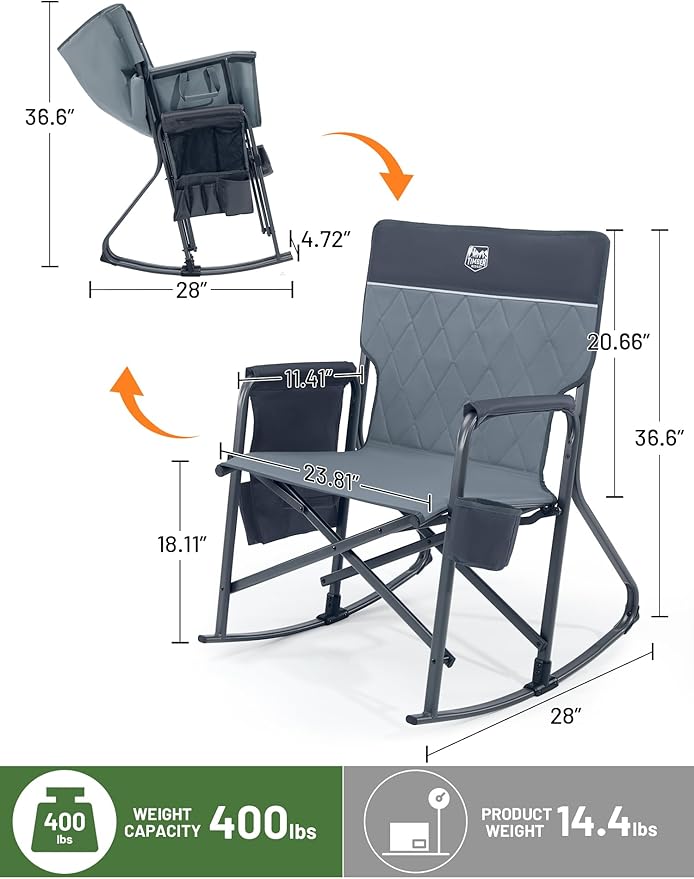 TIMBER RIDGE Folding Oversized Rocking Camping Chair, 400lbs Capacity Portable Outdoor Rocker with Hard Armrests, Cup Holder & Side Pocket, Quick-Fold Design for Outdoor, Patio, Lawn, Grey