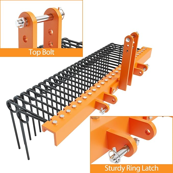 72 Inch Pine Straw Needle Rake, 3 Point Landscape Rake, Powder Coated Steel Spring Tow Behind Rakes, Tractor Attachments for Leaves Straw Grass Attach to Cat 0 Cat 1, Orange