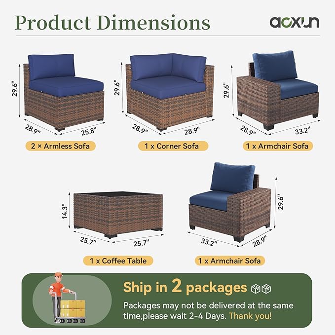 Aoxun 6 Piece Patio Furniture Set with Wide Armrests Wicker Rattan Outdoor Sectional Sofa Set with Coffee Table and Thickened Cushions, Brown/Blue(Waterproof Cover Included)