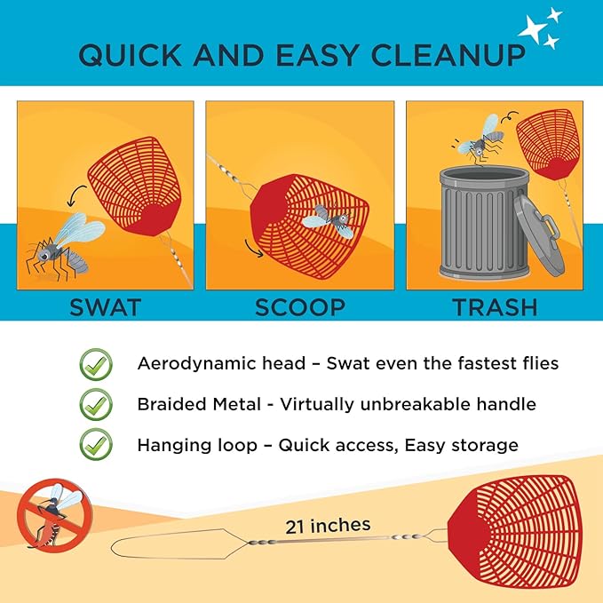 Bug & Fly Swatter – Braided Metal Handle 6 Pack Fly Swatters – Indoor/Outdoor – flyswatter (21 inch - Set of 6)