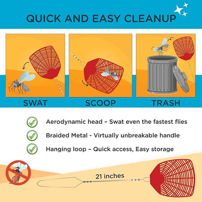 Bug & Fly Swatter – Braided Metal Handle 6 Pack Fly Swatters – Indoor/Outdoor – flyswatter (21 inch - Set of 6)