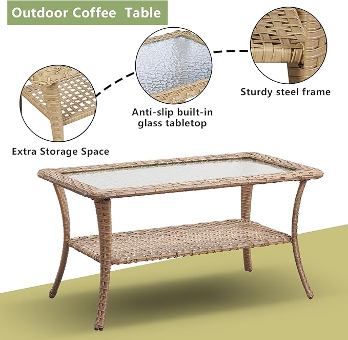 Outdoor Wicker Patio Furniture Set - 6 Piece Rattan Patio Conversation Set with 2 Rocking Swivel Chairs,2 Ottomans,1 Sofa and 1 Coffee Table for Porch Deck Backyard Garden(Yellow/Blue)