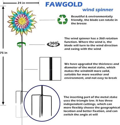 75" Multi-Color Wind Spinners Outdoor Metal Sun Wind Sculptures for Garden, Patio, Yard, Lawn Decorations Double Windmill Spinne