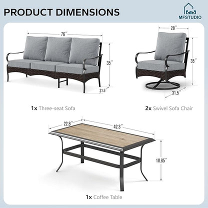 MFSTUDIO 4 Pieces Outdoor Patio Furniture Set, Metal Outdoor Conversation Set, Rattan Wicker Patio Sectional with 2 x Swivel Single Sofa, 3-Seat Sofa, 1 x Coffee Table, Grey