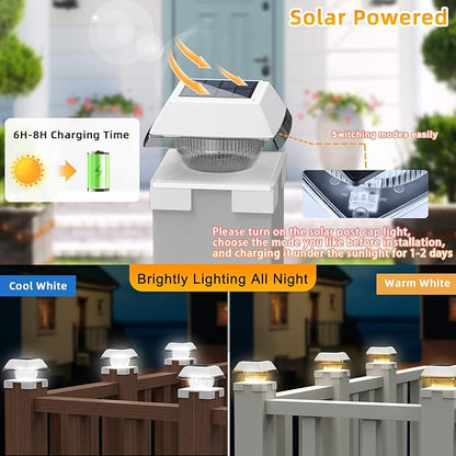 INDARUN Solar Outdoor Post Cap Lights with Cool White & Warm White, 120Lumen, 4x4 Post Solar Lights Fit Fence Deck Posts Caps - 4x4 5x5 6x6 Wood Posts/4x4 Vinyl Posts, for Porch, Patio, Yard Decor