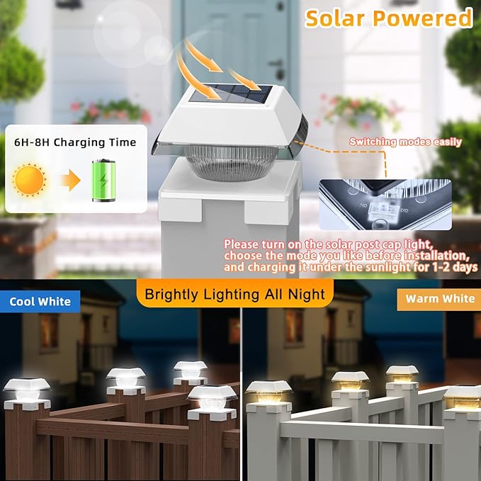 INDARUN Post Lights Solar Powered, Fence Deck Post Solar Lights Fit 4x4 5x5 6x6 Wood Posts/Vinyl 4x4 Post Caps, Outdoor Post Lights with 2 Colors Modes, 120Lumen, for Patio/Porch/Backyard Decor