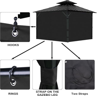 Gazebo Universal Replacement Privacy Curtain, 10'X10' Gazebo Curtains Outdoor Waterproof, 4-Panels Sidewall with Zipper for Patio, Garden and Backyard (Only Curtains, 10'X10', Black)