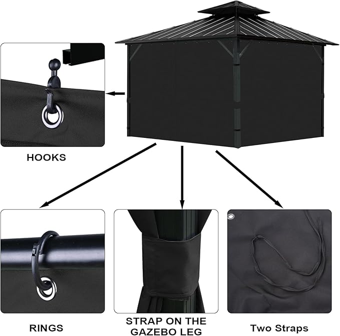 Gazebo Universal Replacement Privacy Curtain, 10'X12' Gazebo Curtains Outdoor Waterproof, 4-Panels Sidewall with Zipper for Patio, Garden and Backyard (Only Curtains, 10'X12', Black)