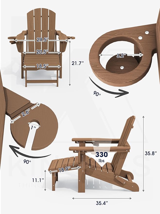 KINGYES Folding Adjustable Adirondack Chair with Ottoman & 2 Cup Holders Set of 4, HDEP Reclining Adirondack Chair with Footrest, Brown