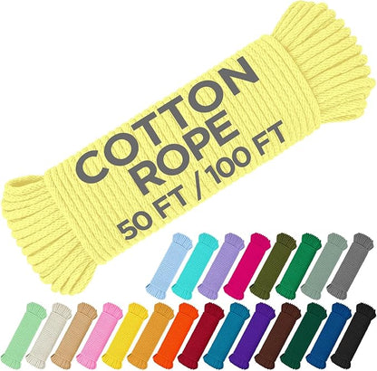 TECEUM Cotton Rope 3/16” (5 mm) – 100 FT – Strong All-Purpose Braided Rope – Natural Cotton – for Crafting, Сamping, Clothes Line, DIY, Indoor & Outdoor Use – Pastel Yellow