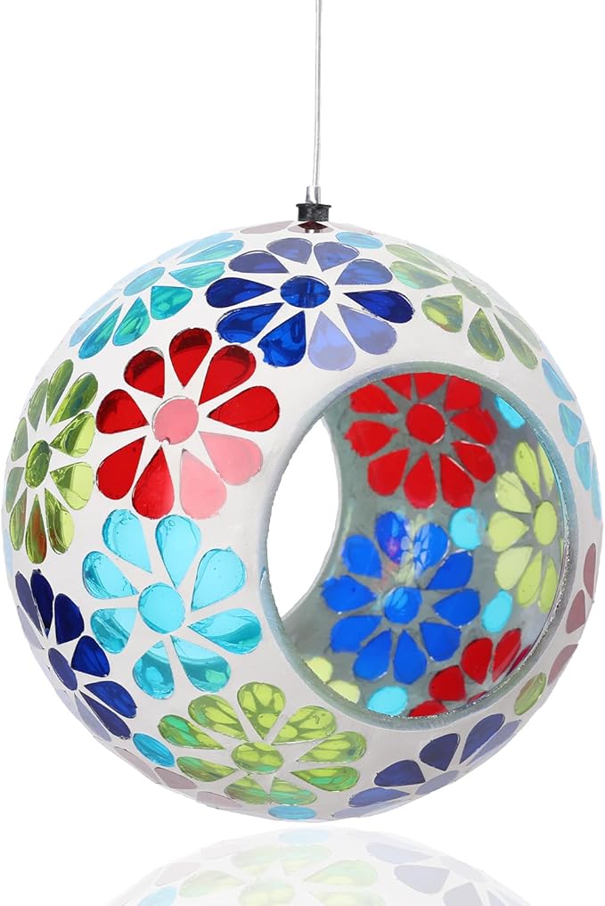 Bird Feeder - Mosaic Fly Through Bird Feeders for Outside Hanging with Round Shape Glass Container Birdfeeder for Garden Decor, 6.5 Inch Colorful Flower Design