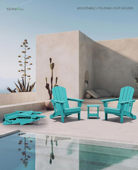 SERWALL Adjustable Folding Adirondack Chair, Reclining Adirondack Chair with Cup Holder, Aruba