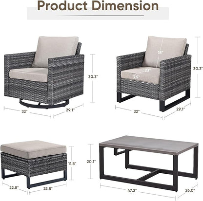 Wicker Patio Furniture Set：7 Piece Outdoor Patio Furniture Set with 2 Swivel Patio Chairs 2 Single Chairs a Coffee Table and 2 Ottomans, Grey Wicker/Beige Cushion