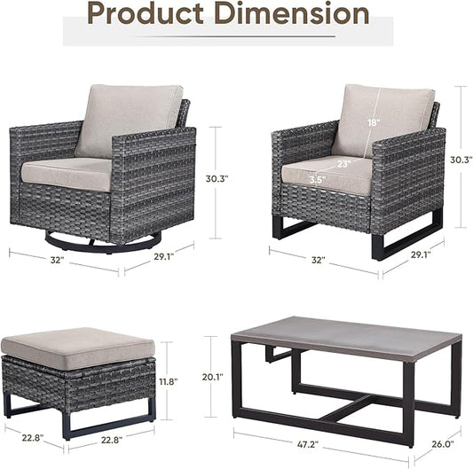Wicker Patio Furniture Set：7 Piece Outdoor Patio Furniture Set with 2 Swivel Patio Chairs 2 Single Chairs a Coffee Table and 2 Ottomans, Grey Wicker/Beige Cushion