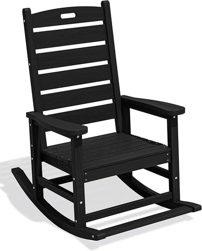 SERWALL Oversized Outdoor Rocking Chair, HDPE Patio Rocking Chair with Footboard for Adults, All Weather Porch Rocker for Deck Patio Balcony, Black