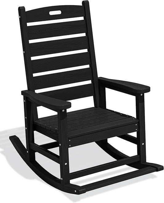 SERWALL Oversized Outdoor Rocking Chair, HDPE Patio Rocking Chair with Footboard for Adults, All Weather Porch Rocker for Deck Patio Balcony, Black