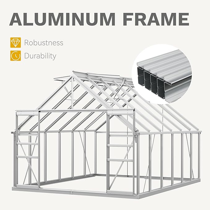 DWVO 10x12FT Polycarbonate Greenhouse Heavy Duty Green Houses Outdoor Aluminum Greenhouses with Sliding Doors Vent Window Premium Walk-in Greenhouse Large Sun House for Garden Backyard, Silver