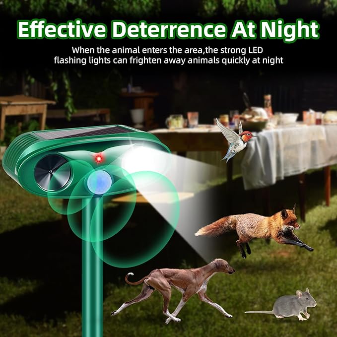 4 Pack Solar Ultrasonic Animal Repellent Outdoor Squirrel Raccoon Fortress Pro,Cat Deer Repellent with Motion Sensor & Strobe Light,Waterproof Dog Rabbit Deterrent for Garden Yard