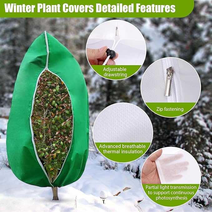 Ideal Swan 4 Pack Plant Covers Freeze Protection for Winter, Winter Plant Cover with Zipper Drawstring Frost Cloths for Outdoor Plants, Winter Tree Covers Freeze Protection (23.6" x 31.5",Green)