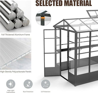 Domi 8x10FT Greenhouse, Polycarbonate Green House with Fully Auto Temperature Control Vent, Outdoor Full Aluminum Heavy Duty Greenhouse with Extra 8FT Walk-in Height for Garden Backyard, Dark Grey