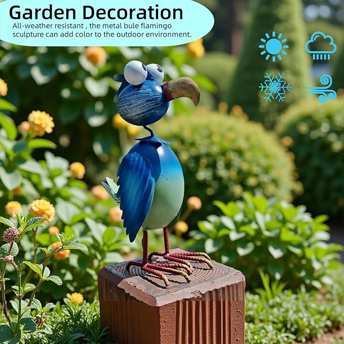 Metal Flamingo Decor Garden Statue Outside - Art Blue Flamingos Yard Art Outdoor Garden Sculptures for Patio Backyard Porch Decoration, Gifts for Mom