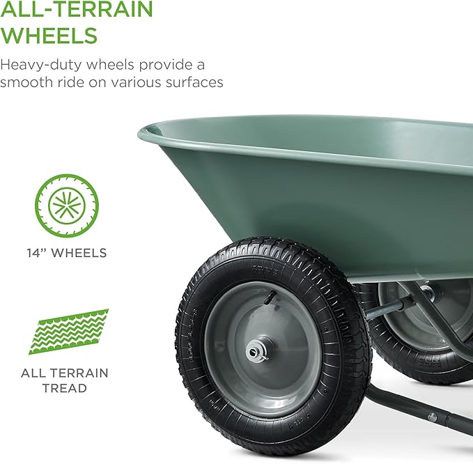 Best Choice Products Dual-Wheel Home Utility Yard Wheelbarrow Garden Cart w/Built-in Stand for Lawn, Gardening, Construction - Seafoam