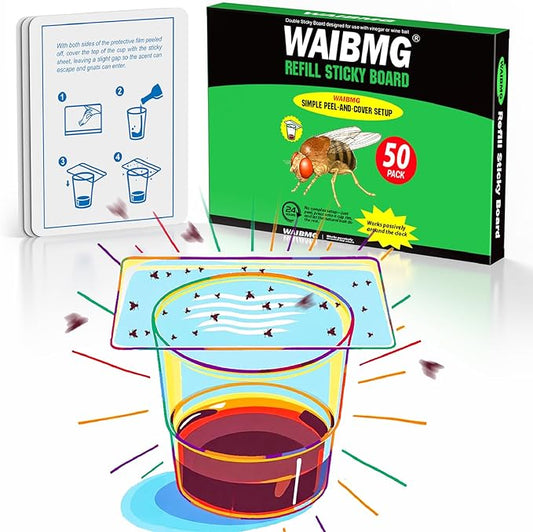 50 Pack Fruit Fly Trap Covers, Double-Sided Sticky Adhesive Cards for Gnats, Fruit Flies, Moths, Kitchen Insect Control (50 Pcs)