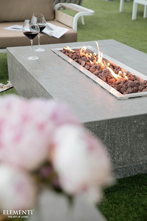 Elementi | Bundle Hampton Gas Fire Pit Cast Concrete 56" Rectangular Fire Table, Outdoor Fire Pit Electronic Ignition | Canvas Cover, Lava Rock Included | Light Gray (Natural Gas)