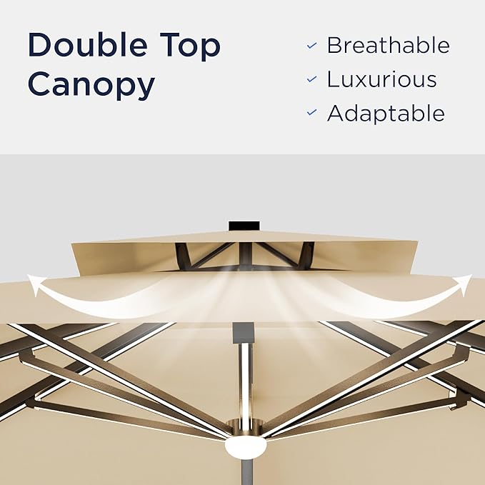 10x10 FT Cantilever Patio Umbrella with Led Lights Double Top Outdoor Square Heavy Duty Offset Umbrellas 360°Rotation Free-motion Track Tilt Windproof for Pool Deck Garden, Beige